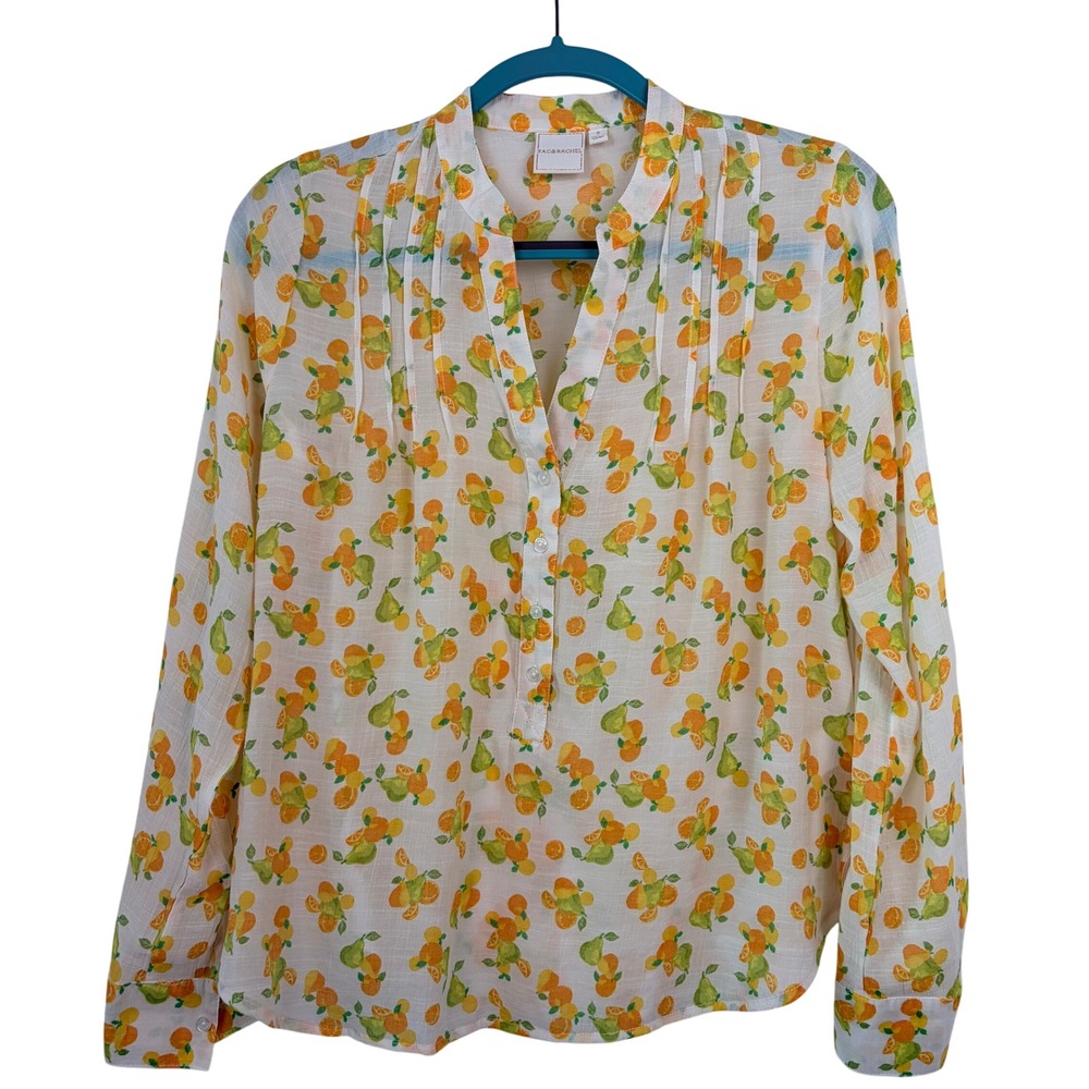 Zac & Rachel Blouse Small White Orange Citrus Fruit Print Excellent